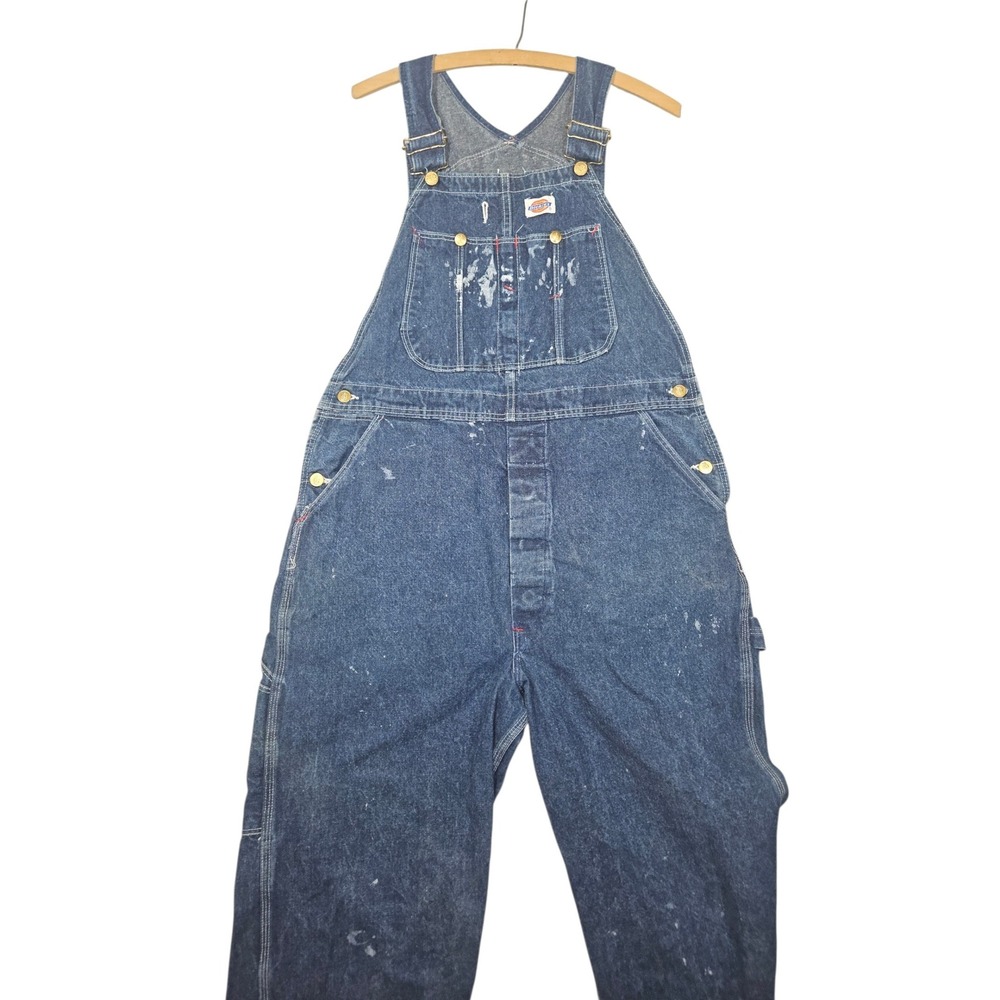 VTG Dickies Made in USA Denim Bib Overalls Paint Splatter Indigo Sz 38x30